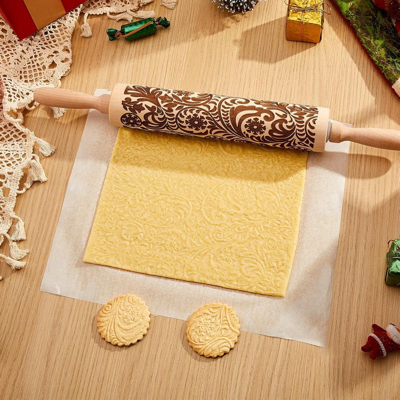 GOBAM Embossed Rolling Pin for Cookies, Engraved Wooden Rolling Pin for Baking, Deep Pattern Cookie Roller for Christmas, Holiday, DIY Kitchen Decor and Gift - Snowflake - Image 4